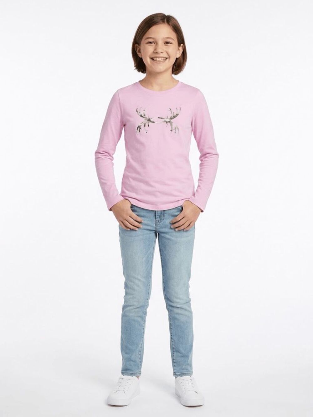 Under Armour Girls' Long Sleeve Camo Antler Logo Shirt Pink Size M (10/12)